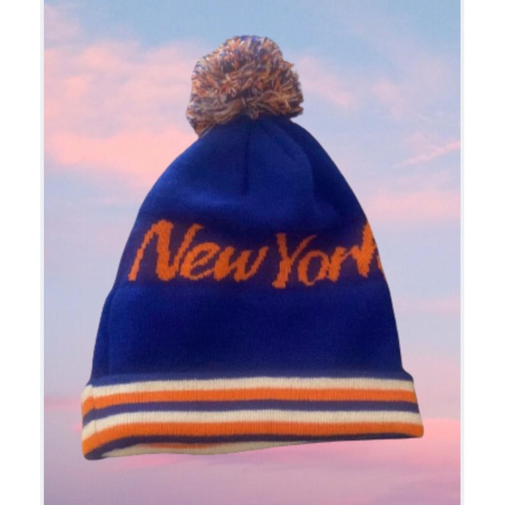New York Mets Beanie Hat with Pom Pom Orange and Blue Unisex
